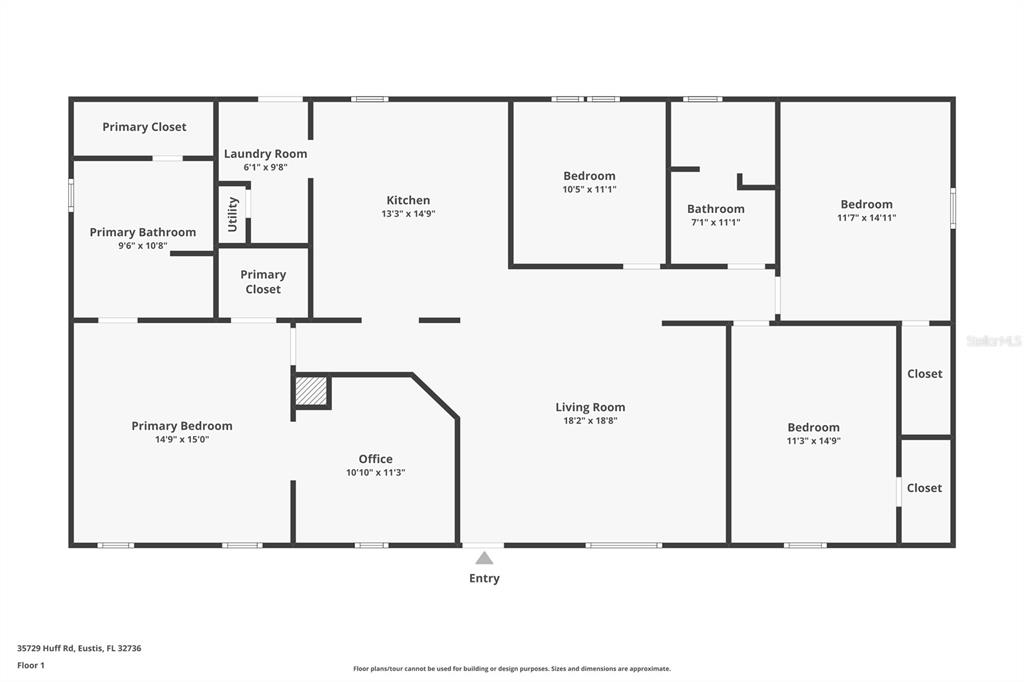 This is a floor plan showing the layout of a single-story residential home — 35729 HUFF ROAD, EUSTIS, FL