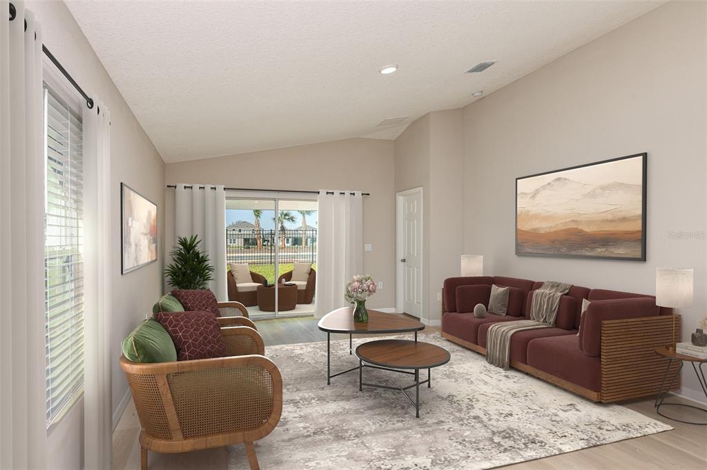 This is a digital rendering of a living room with a sofa, chairs, and patio — 4430 RIVERBEND BOULEVARD, HAINES CITY, FL