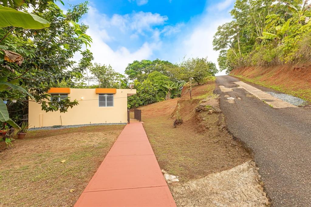 A tan house with orange trim sits next to a paved driveway on a hillside — 339 ST BO MONTOSO UNIT 145, MAYAGUEZ, PR
