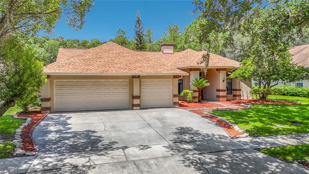 A single-story house with a two-car garage, tan stucco exterior, and a shingled roof — 16040 PENWOOD DRIVE, TAMPA, FL
