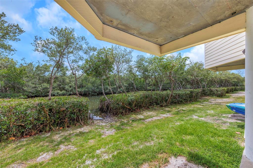A ground-level patio overlooks a grassy yard, a small canal, and dense mangrove trees — 1500 SUNSET ROAD UNIT F7, TARPON SPRINGS, FL