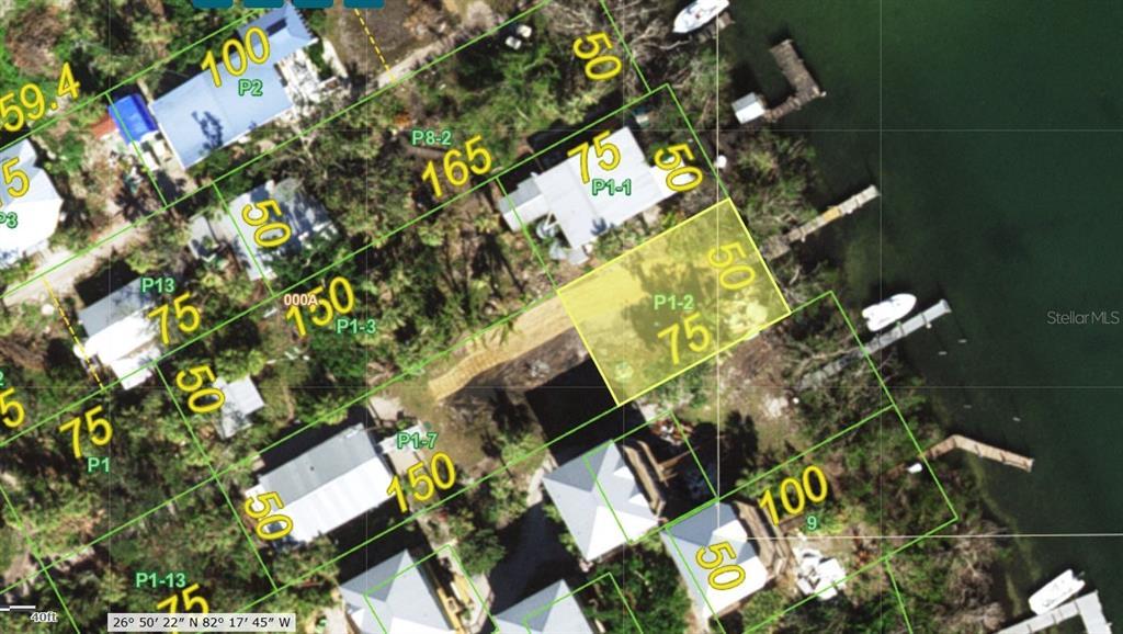 An aerial map view showing property parcel boundaries and dimensions for several waterfront lots — 8146 LITTLE GASPARILLA ISLAND, PLACIDA, FL