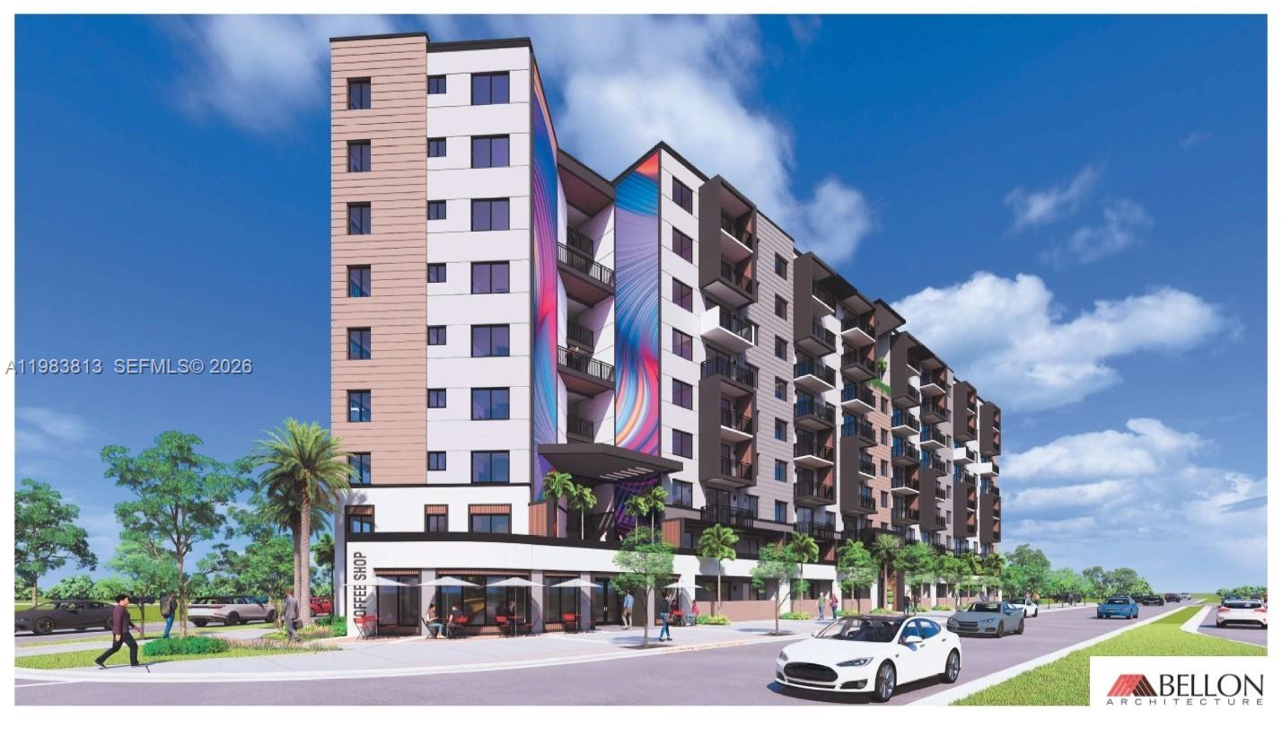 This is an architectural rendering of a modern multi-story apartment building with ground-floor retail space — 21710 SW 118th Ave, Miami FL 33170, MIAMI, FL
