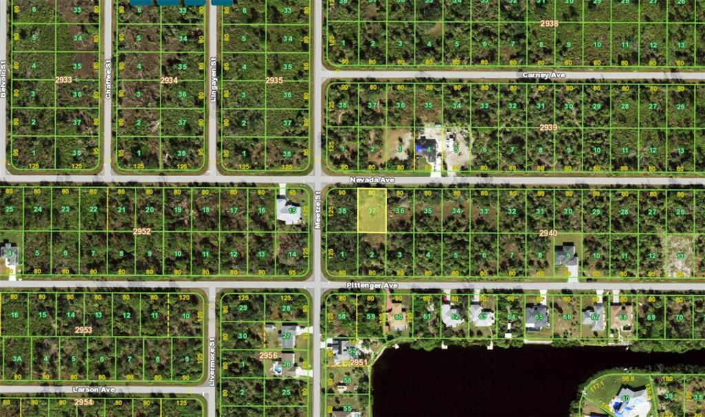 This is a satellite map showing residential land parcels and street layouts — 14123 NEVADA AVENUE, PORT CHARLOTTE, FL
