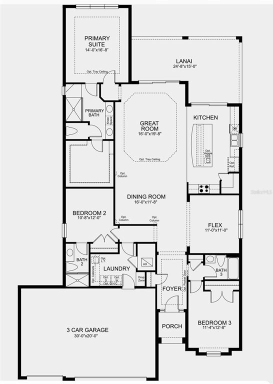 This floor plan shows a single-story home with three bedrooms, a three-car garage, and lanai — 4798 ROSATTI ROAD, WESLEY CHAPEL, FL