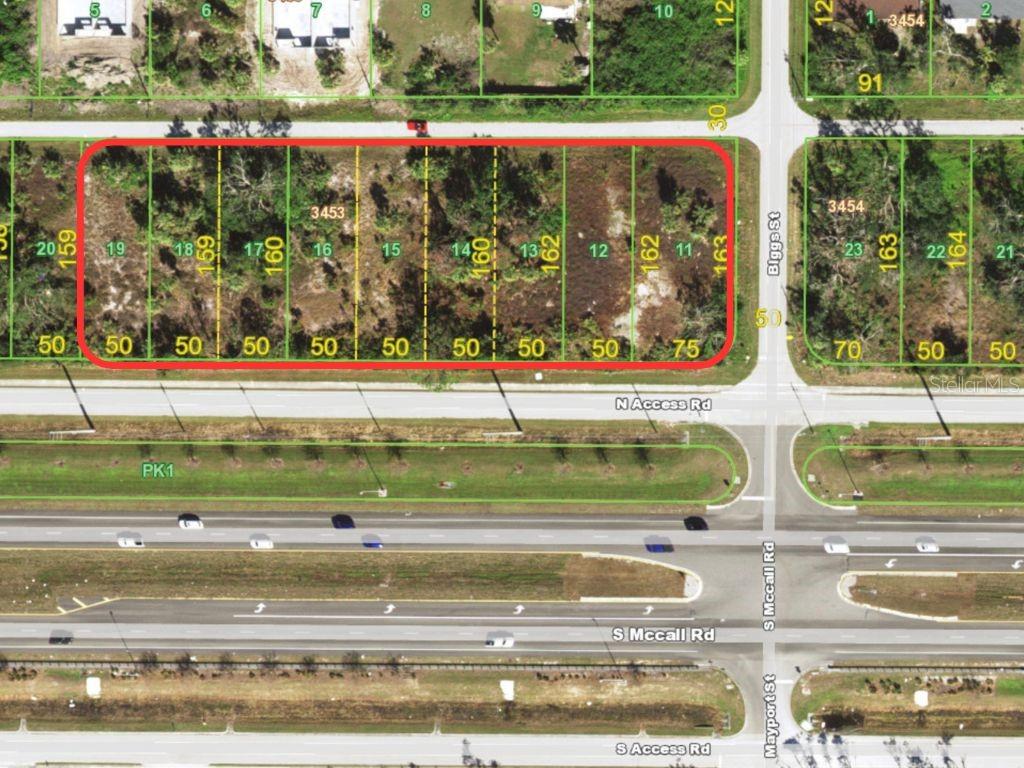 An aerial map shows a row of ten vacant residential lots outlined in red — 3278-3294 N ACCESS ROAD, ENGLEWOOD, FL
