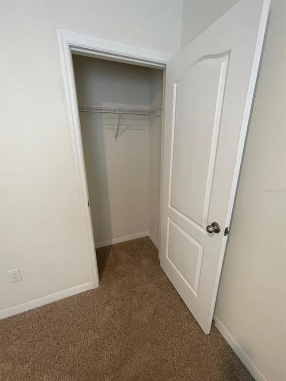 A bedroom closet with a white door, carpeted flooring, and a wire shelf — 12411 BOWES BRANCH ROAD, ORLANDO, FL