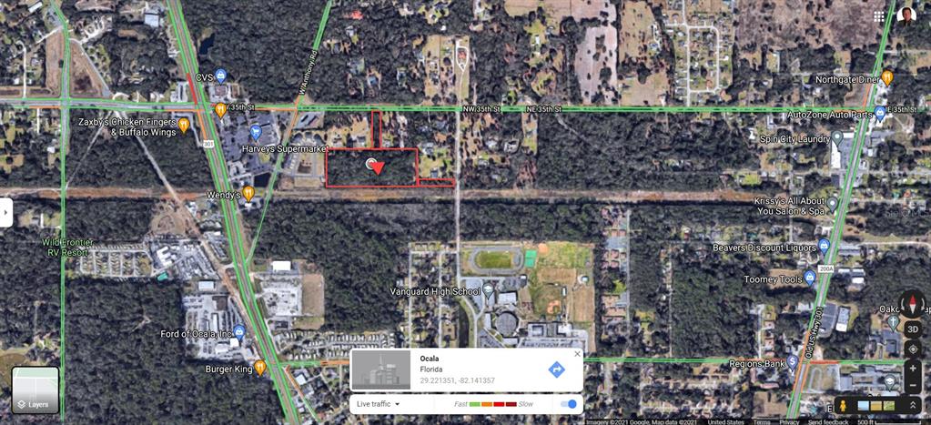This is a satellite map view showing a highlighted property lot in Ocala, Florida — 000 NW 35TH STREET, OCALA, FL