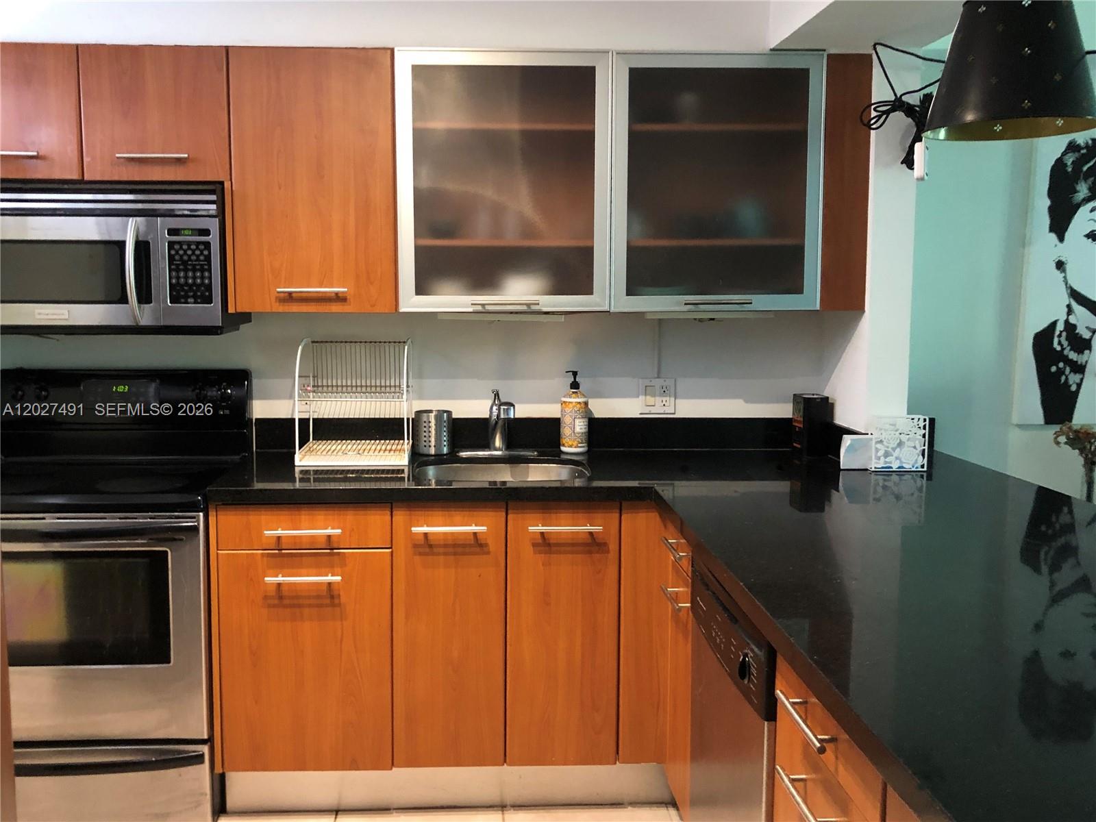A kitchen features wood cabinets, black countertops, stainless steel appliances, and a glass-front upper cabinet — 650 NE 64th St # G402, Miami FL 33138, MIAMI, FL