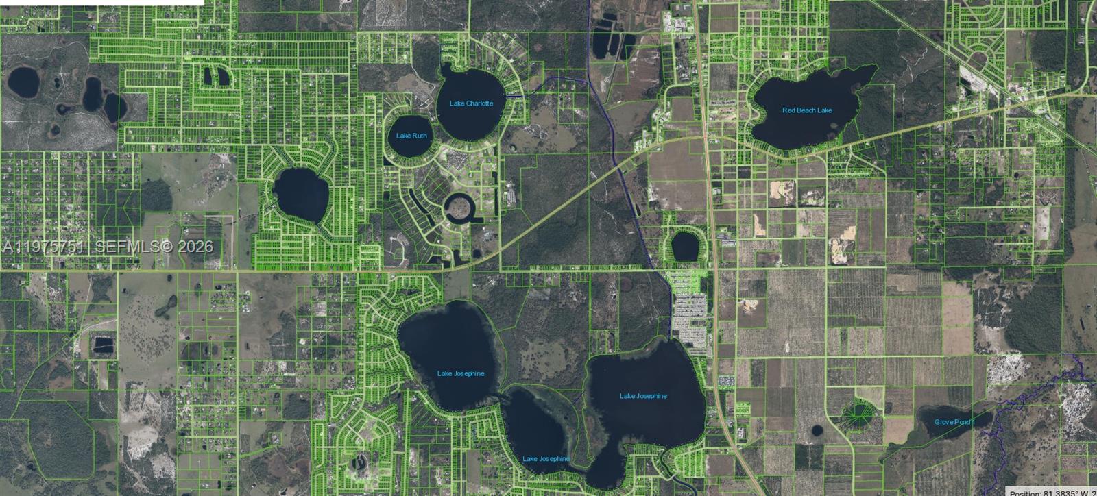 This is an aerial map showing lakes and property parcel boundaries in a rural area — 449 S Cross Road, Sebring FL 33870, SEBRING, FL