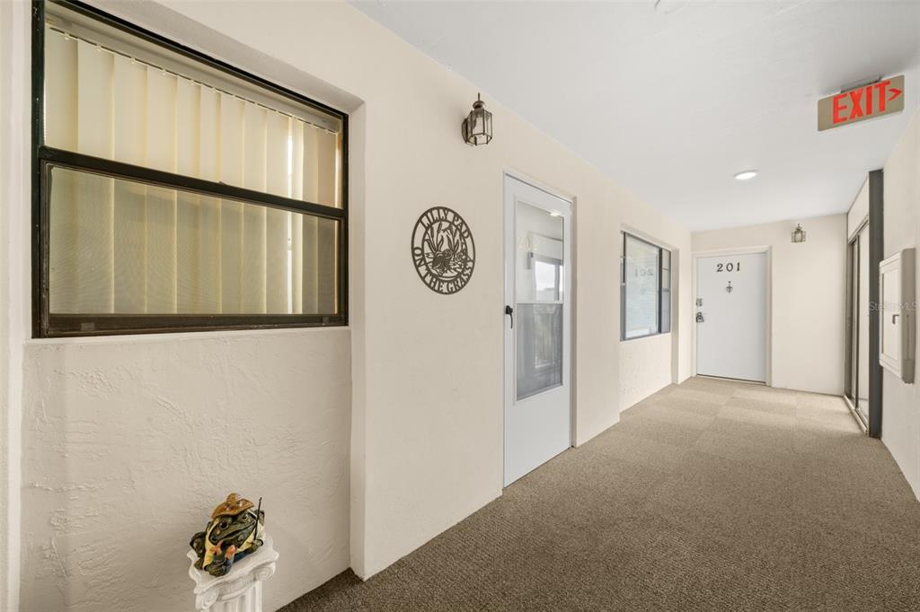 A carpeted apartment hallway features a white door labeled 201 and a decorative frog statue — 117 COUNTRY CLUB DRIVE UNIT 202, LAKE PLACID, FL
