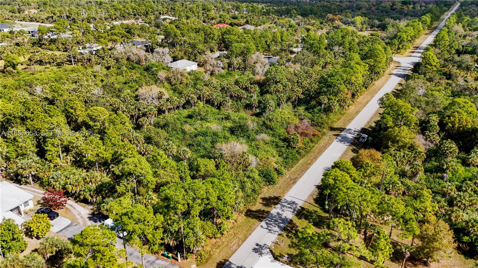 An aerial view shows a wooded lot adjacent to a paved road in a residential area — 3132 SE 24 Ave, Naples FL 34117, NAPLES, FL
