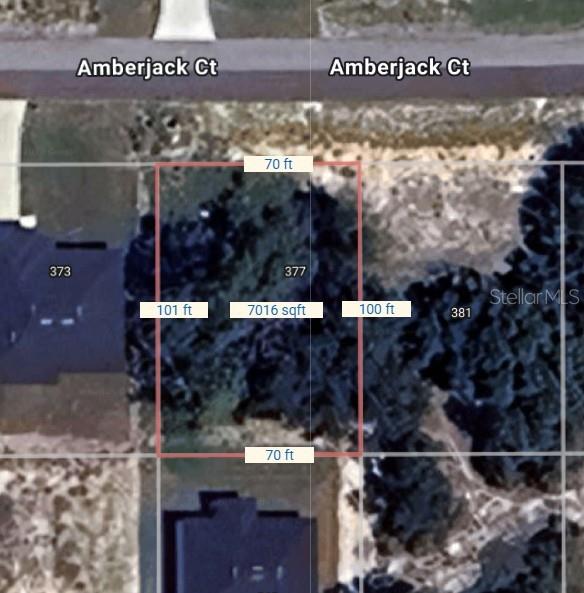 This is a satellite map view of a rectangular residential lot with dimensions and square footage — 377 AMBERJACK COURT, KISSIMMEE, FL