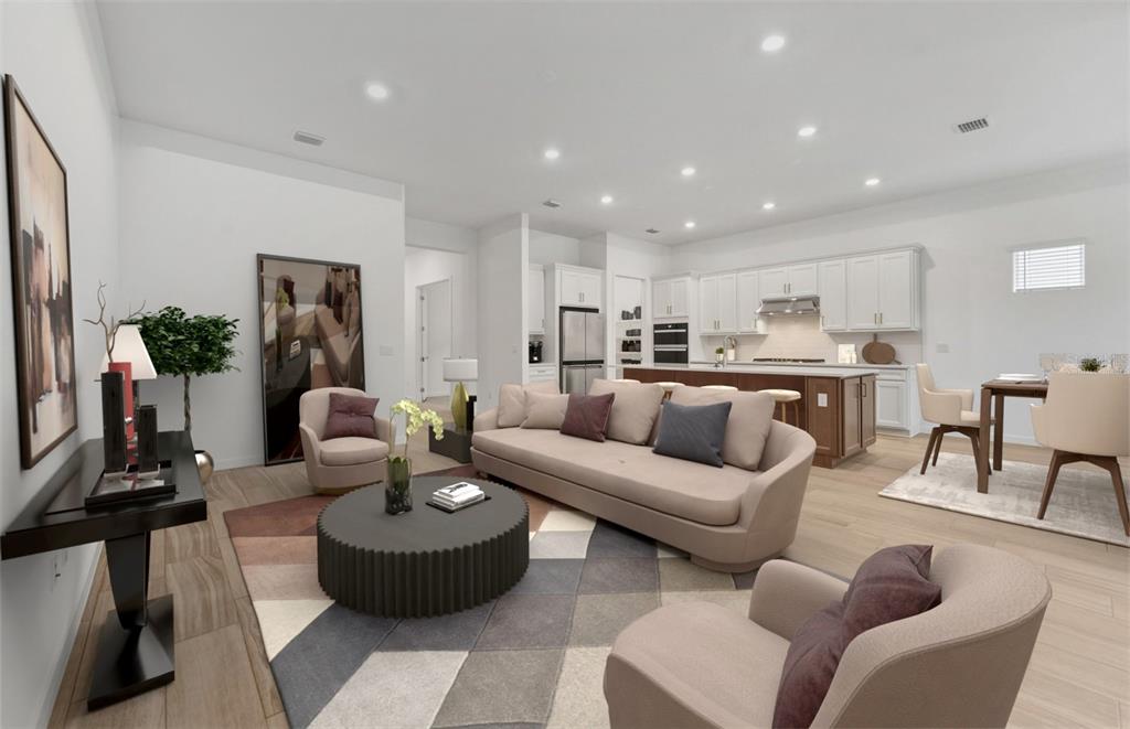 This is a digital rendering of an open-concept living room, kitchen, and dining area — 13622 CANYON RIDGE ROAD, SPRING HILL, FL