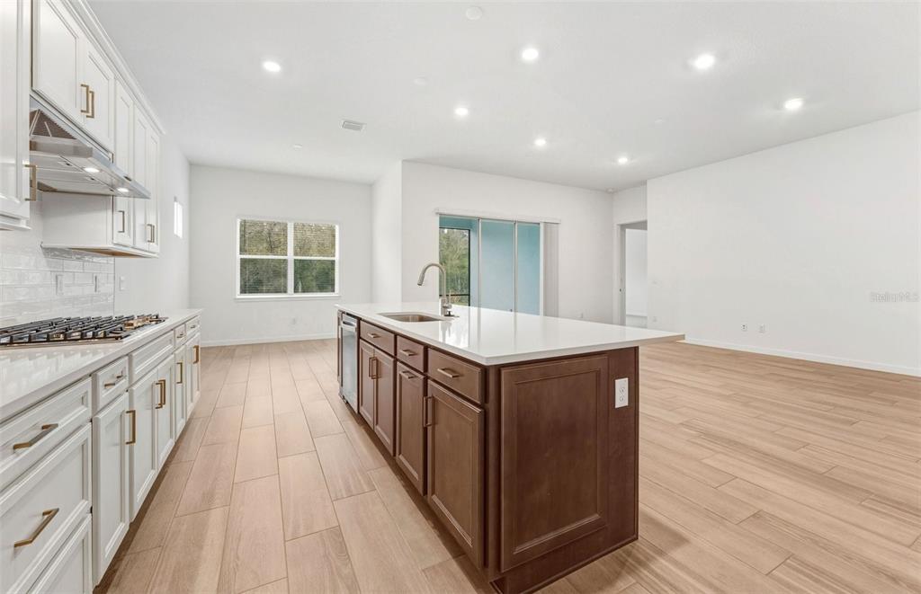 A kitchen features white perimeter cabinets, a dark wood island, and light wood-look flooring — 13622 CANYON RIDGE ROAD, SPRING HILL, FL