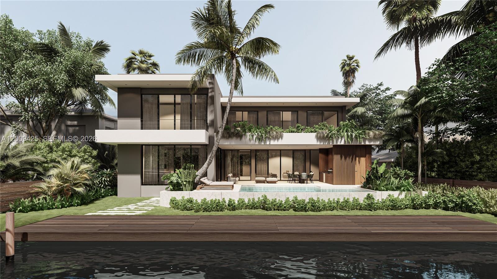 This is a rendering of a modern two-story waterfront home with a pool and dock — 2060 S Hibiscus Dr, North Miami FL 33181, NORTH MIAMI, FL