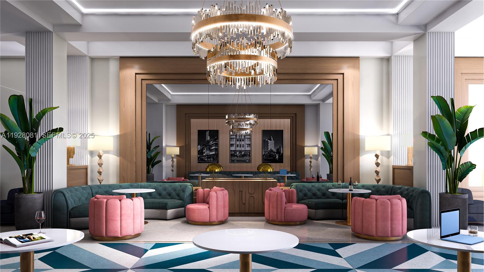 This rendering shows a modern lounge area with teal tufted sofas, pink chairs, and chandeliers — 6940 Abbott Ave # 914, Miami Beach FL 33141, MIAMI BEACH, FL