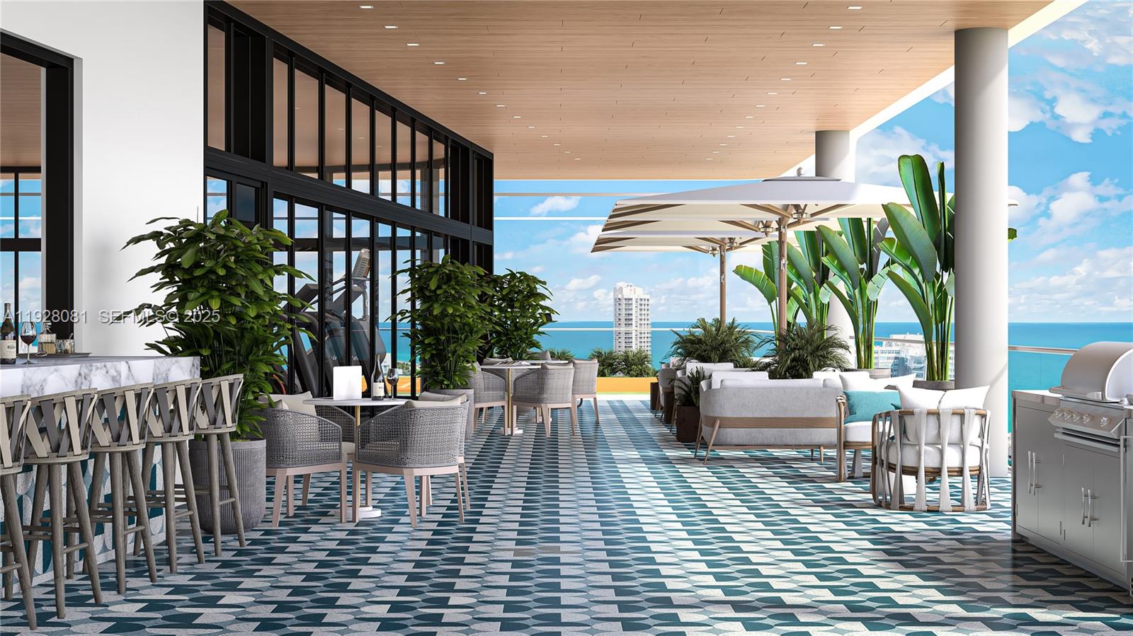 This rendering shows an outdoor terrace with patterned tile flooring, seating areas, and ocean views — 6940 Abbott Ave # 914, Miami Beach FL 33141, MIAMI BEACH, FL