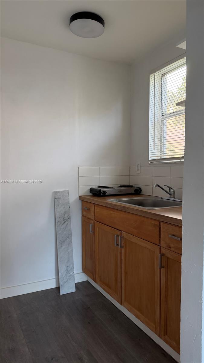 A small kitchen features wood cabinets, a stainless steel sink, and a portable stovetop — 7025 NW 5th Ave # 2, Miami FL 33150, MIAMI, FL
