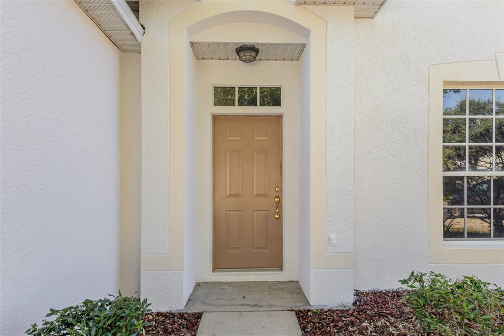 A tan front door with a transom window is set within a white stucco entryway — 213 KNOLLWOOD DRIVE, DAVENPORT, FL