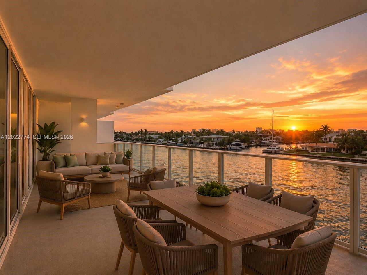 A furnished balcony overlooks a canal at sunset with a dining table and seating area — 407 N Riverside # 402, Pompano Beach FL 33062, POMPANO BEACH, FL