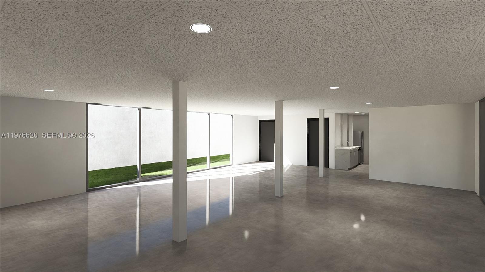 This is a rendering of an open-concept room with concrete floors, support columns, and windows — 550 NW 29th St, Miami FL 33127, MIAMI, FL