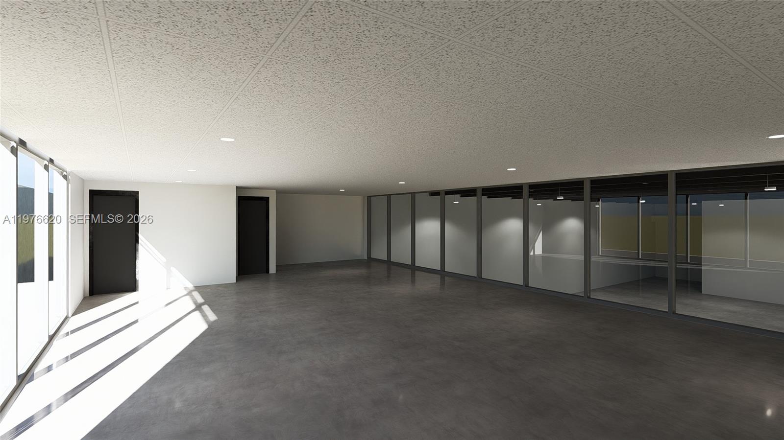 This is a rendering of an empty office space with concrete floors and glass partitions — 550 NW 29th St, Miami FL 33127, MIAMI, FL