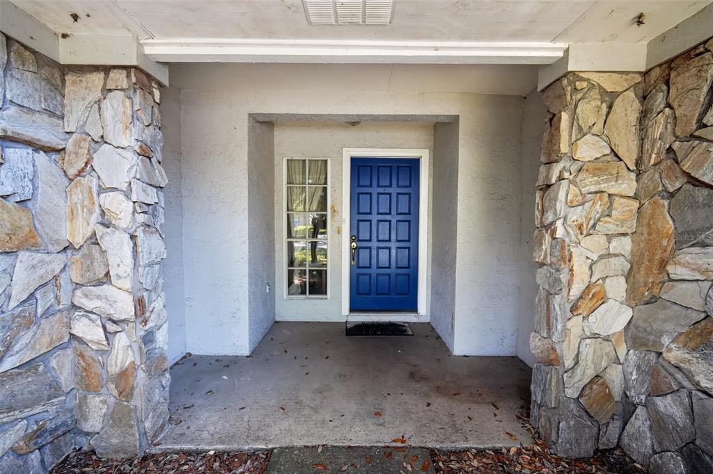 A front entryway features a blue door, a side window, and stone-clad support columns — 906 LAKEMONT HILLS BOULEVARD, BRANDON, FL