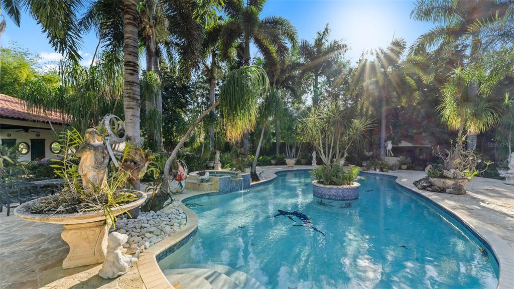 A tropical backyard features a swimming pool with a central island and a stone patio — Carr. 311 km 0.3 BO. BAJURA, CABO ROJO, PR