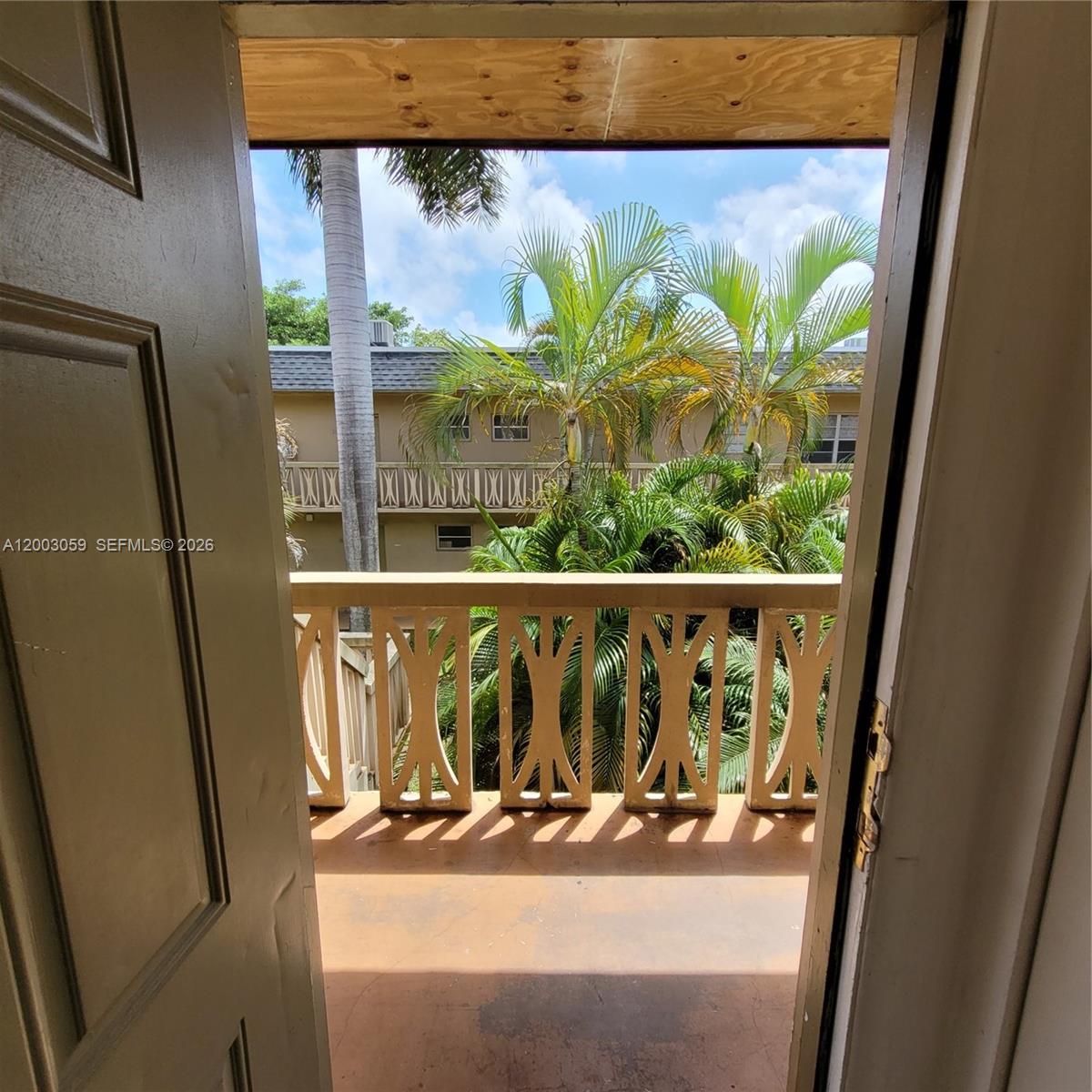 A view from a doorway looking out onto a balcony with palm trees — 1370 NE 119th St # 137015, Miami FL 33161, MIAMI, FL