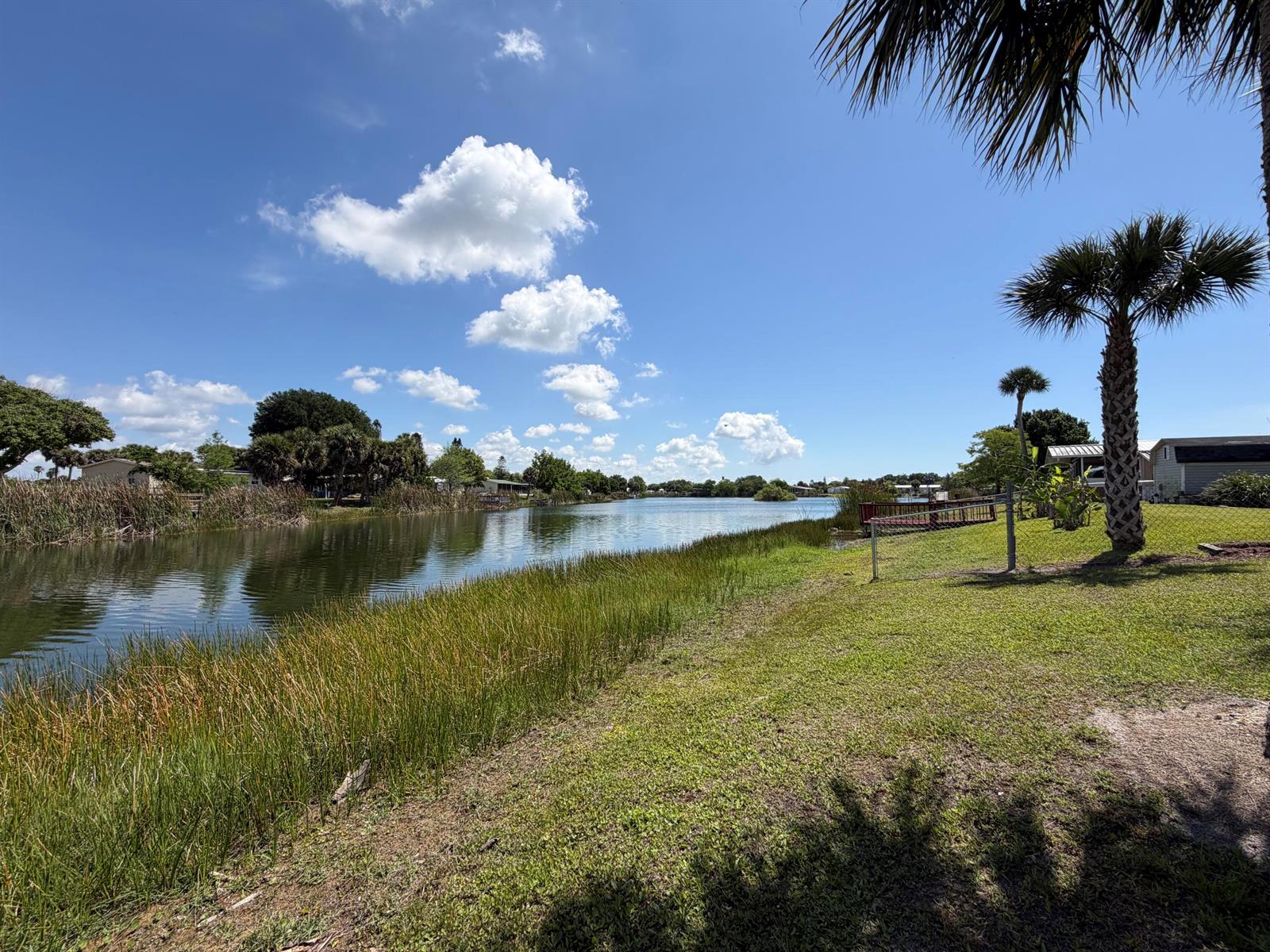 A grassy lawn leads to a lake with tall reeds and a small wooden dock — 1075 Friendship Drive NE, Moore Haven FL 33471, MOORE HAVEN, FL
