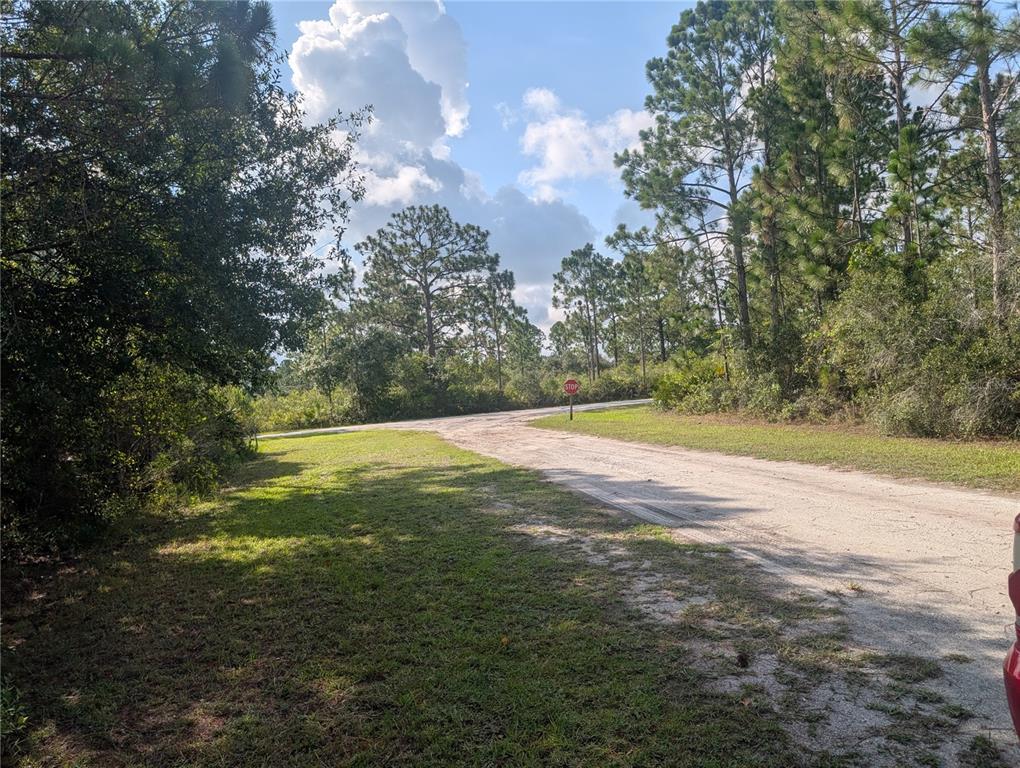 A dirt road leads to a stop sign surrounded by trees and grassy areas — CORAL GABLES DRIVE, INDIAN LAKE ESTATES, FL