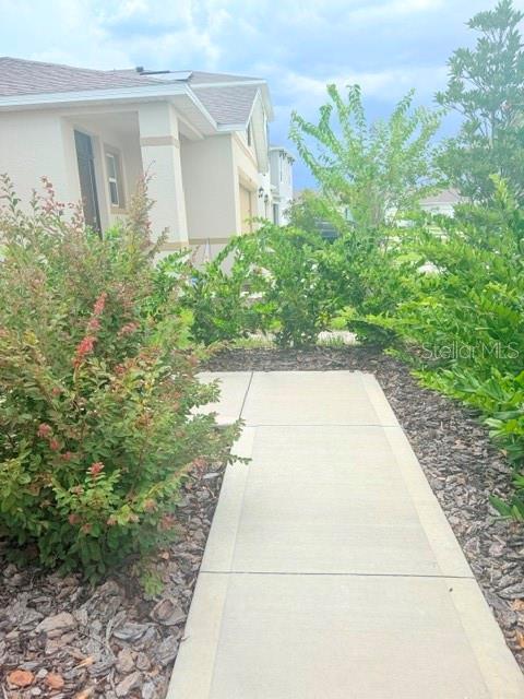 A concrete walkway leads toward the side entrance of a suburban house with landscaping — 2579 SAGE VALLEY WAY, WINTER HAVEN, FL