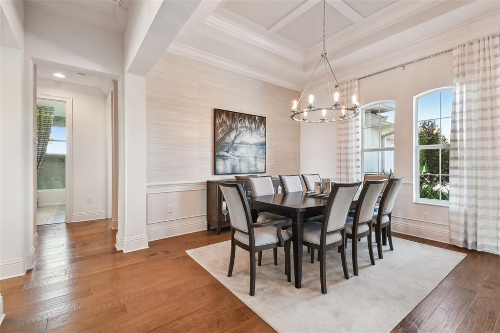 A formal dining room features a dark wood table, upholstered chairs, and a coffered ceiling — 5333 LAKE VENICE DRIVE, WIMAUMA, FL