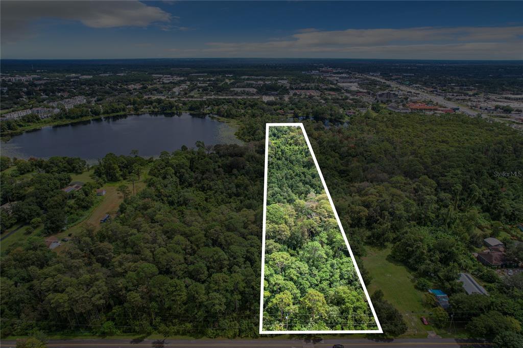 An aerial view shows a wooded, trapezoidal plot of land outlined in white near a lake — 1893 ROUSE LAKE ROAD, ORLANDO, FL