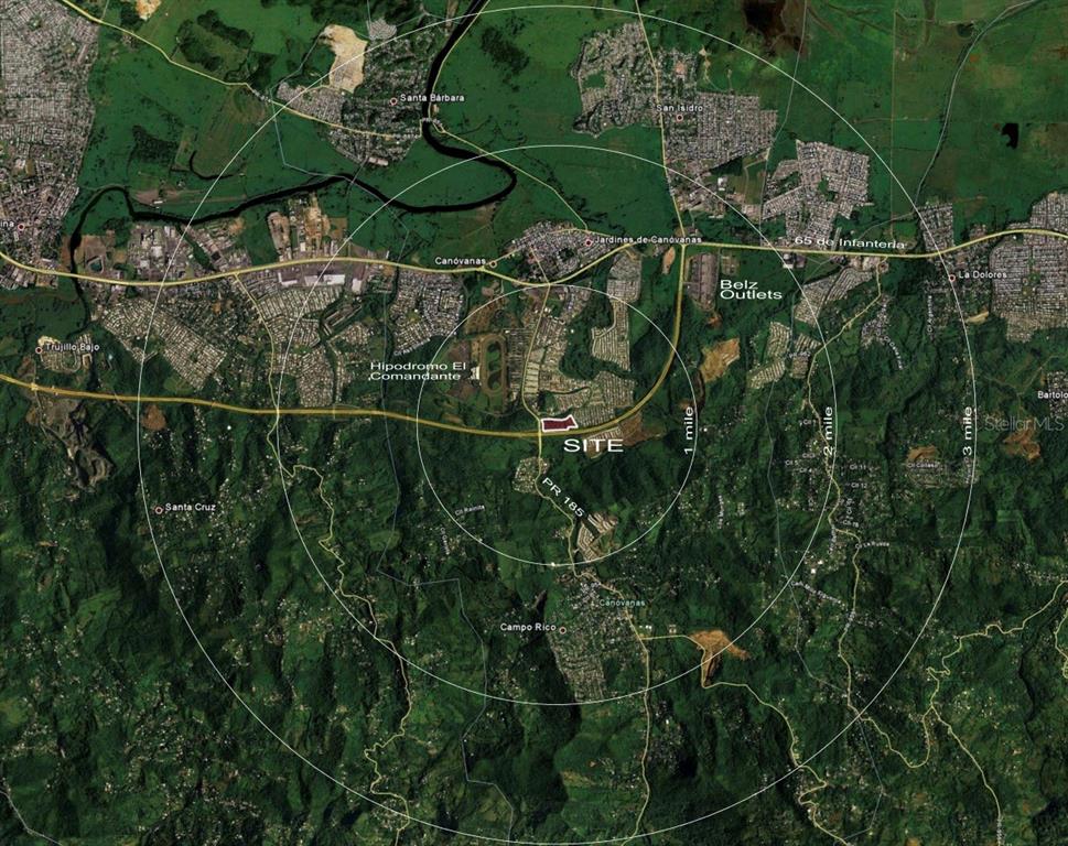 This is a satellite map showing a property site with concentric distance rings in Puerto Rico — INT. OF RT. 66 & PR-185, CANOVANAS, PR