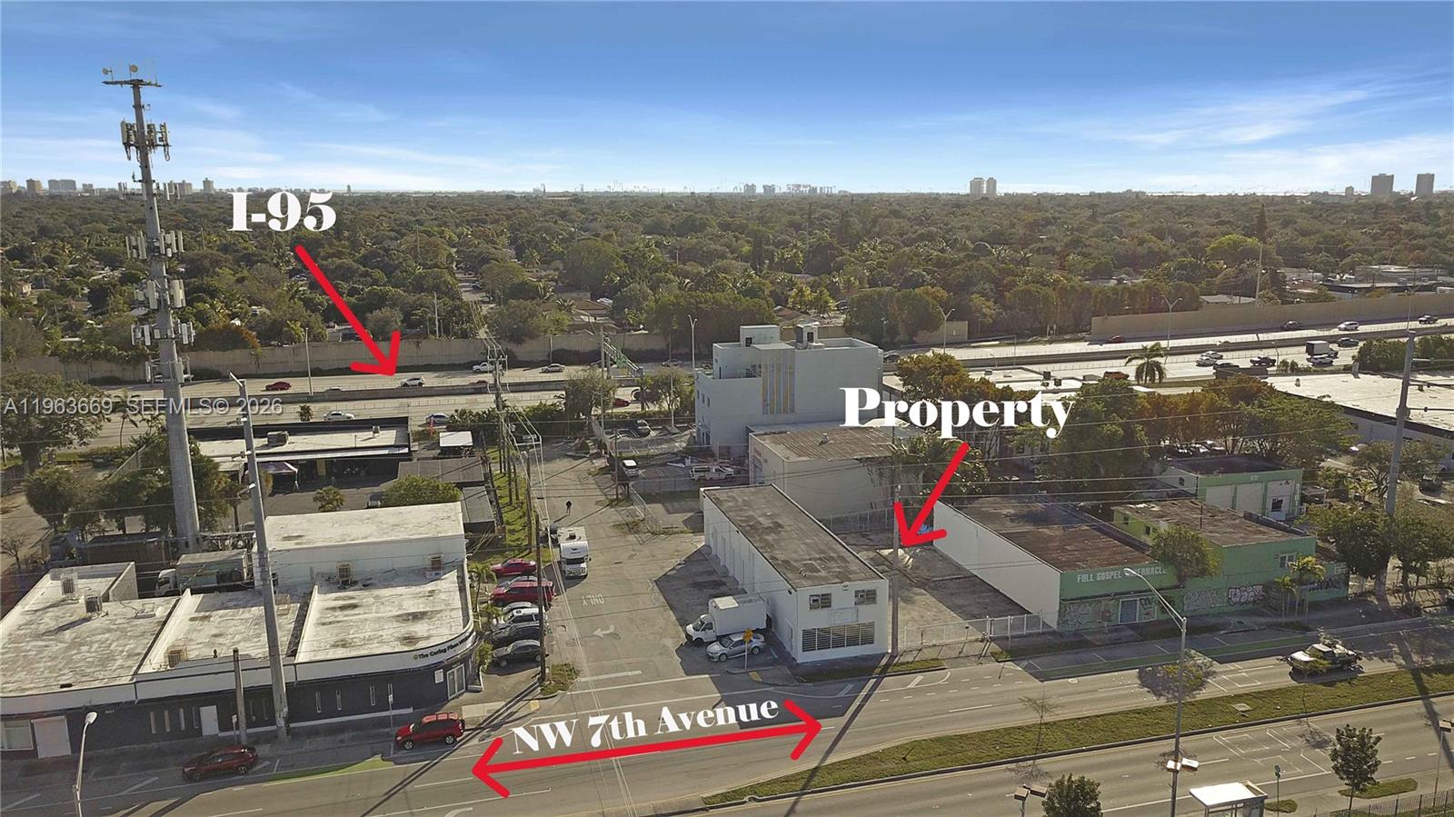 An aerial view shows commercial buildings situated between NW 7th Avenue and the I-95 highway — 9795 NW 7th Ave, Miami FL 33150, MIAMI, FL