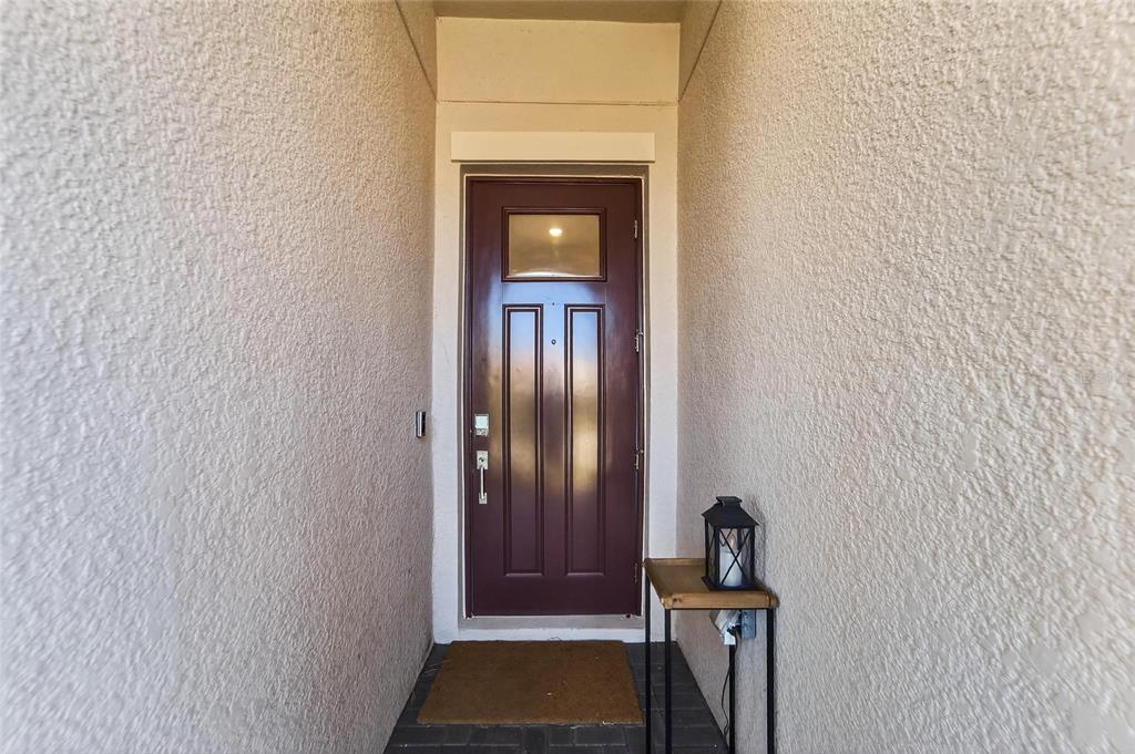 A dark brown front door is set within a recessed entryway with textured beige walls — 17212 HOLLY WELL AVENUE, WIMAUMA, FL