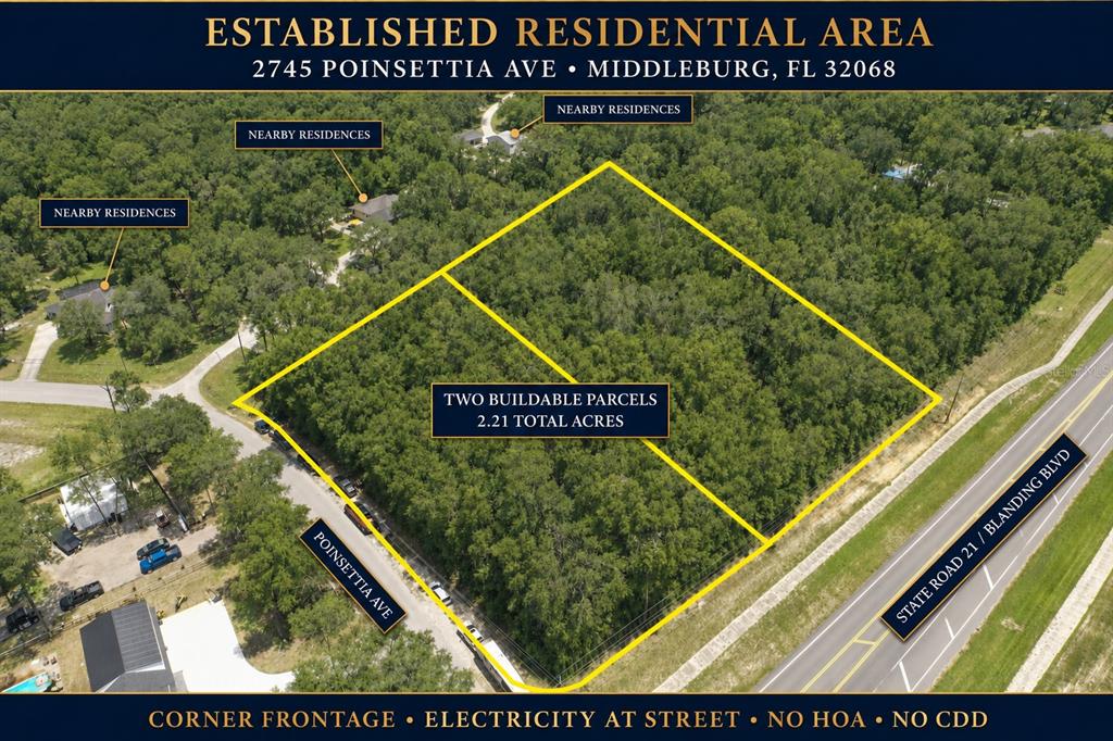 An aerial view shows a wooded, rectangular plot of land bordered by two roads — 2745 POINSETTIA AVENUE, MIDDLEBURG, FL