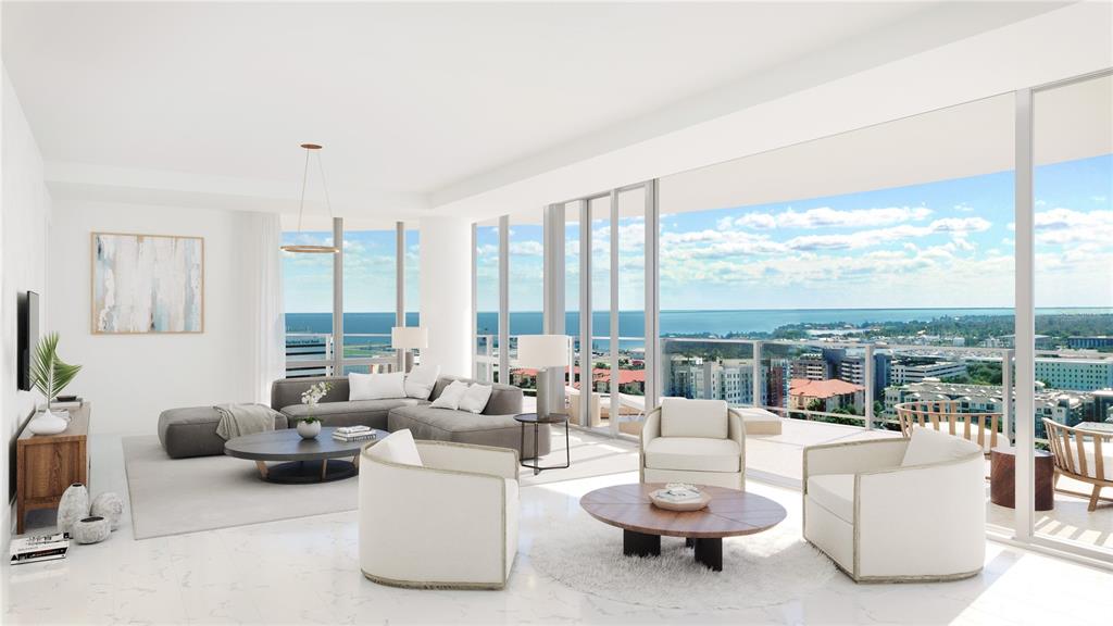 This rendering shows a modern living room with floor-to-ceiling windows overlooking a coastal city — 400 CENTRAL AVENUE UNIT 901, ST PETERSBURG, FL