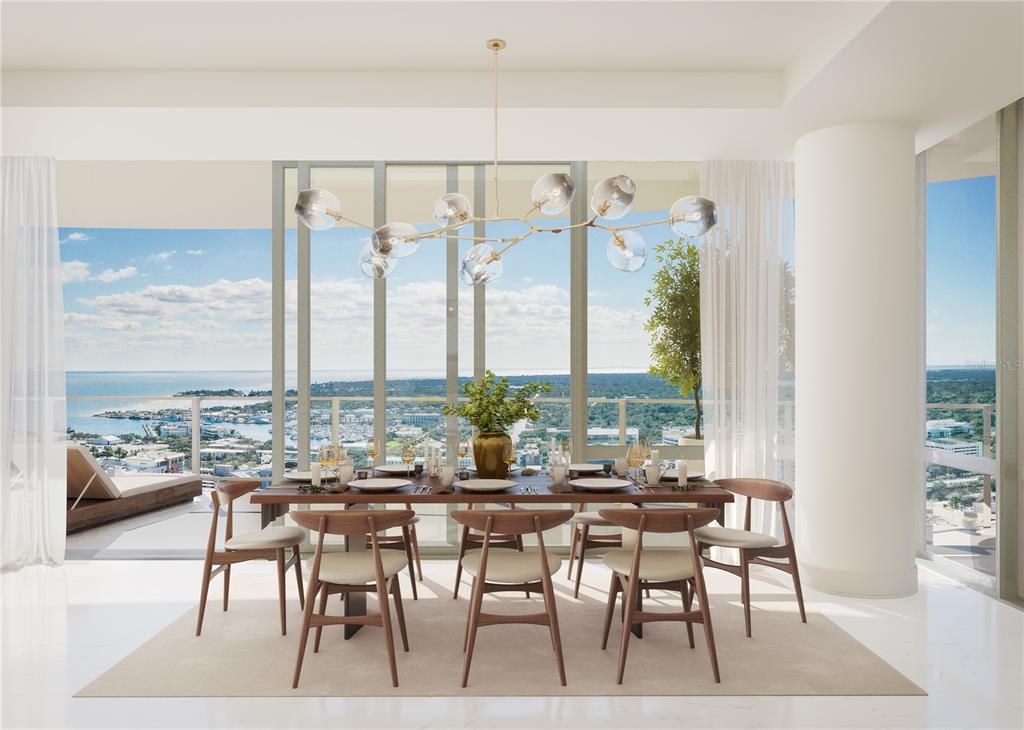 This rendering shows a modern dining room with a glass-enclosed view of the ocean — 400 CENTRAL AVENUE UNIT 901, ST PETERSBURG, FL