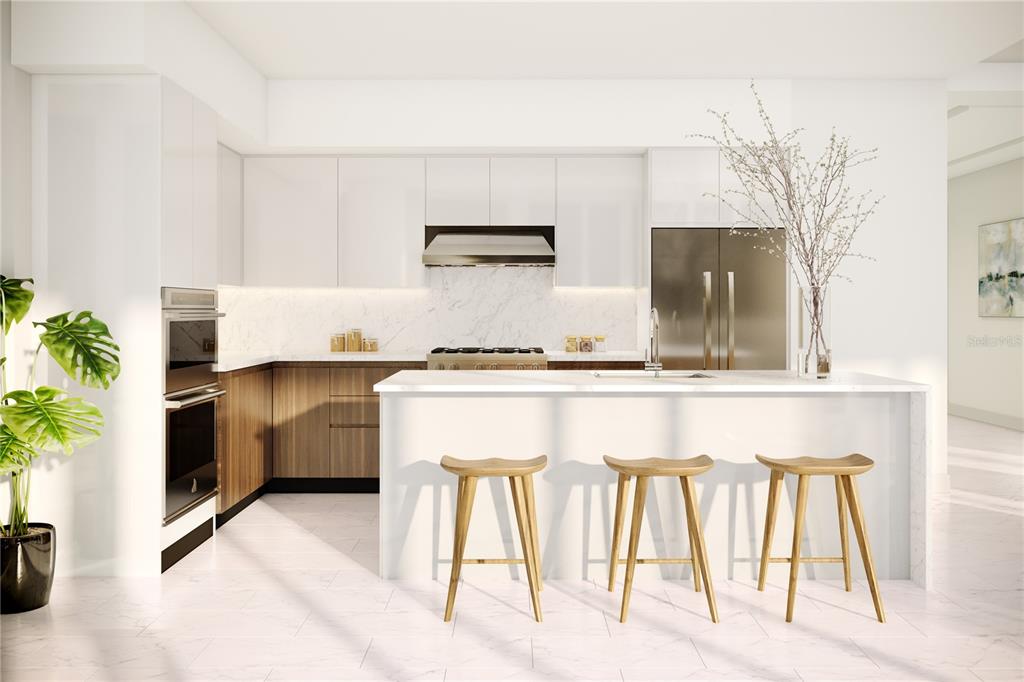 This is a rendering of a modern kitchen featuring white cabinets, wood lower cabinets, and marble — 400 CENTRAL AVENUE UNIT 901, ST PETERSBURG, FL