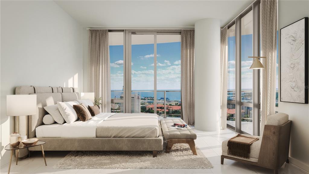 This rendering shows a modern bedroom with a large bed, floor-to-ceiling windows, and ocean views — 400 CENTRAL AVENUE UNIT 901, ST PETERSBURG, FL