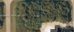 This is an aerial view of a vacant, wooded residential lot outlined in blue — 3001 Mignon Cir, La Belle FL 33935, LA BELLE, FL