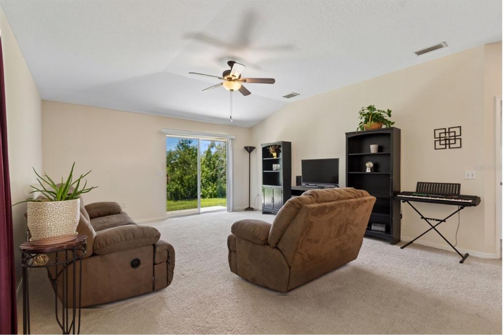 A living room features beige carpet, a vaulted ceiling, a ceiling fan, and sliding glass doors — 4329 ASHTON MEADOWS WAY, WESLEY CHAPEL, FL