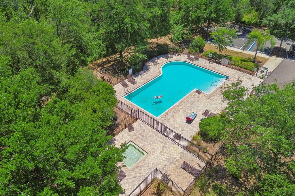 An aerial view shows a swimming pool and hot tub surrounded by a paved deck — 4329 ASHTON MEADOWS WAY, WESLEY CHAPEL, FL