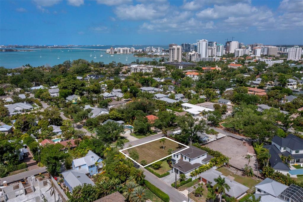 An aerial view shows a vacant rectangular residential lot surrounded by houses and trees — 1703 ALTA VISTA STREET, SARASOTA, FL
