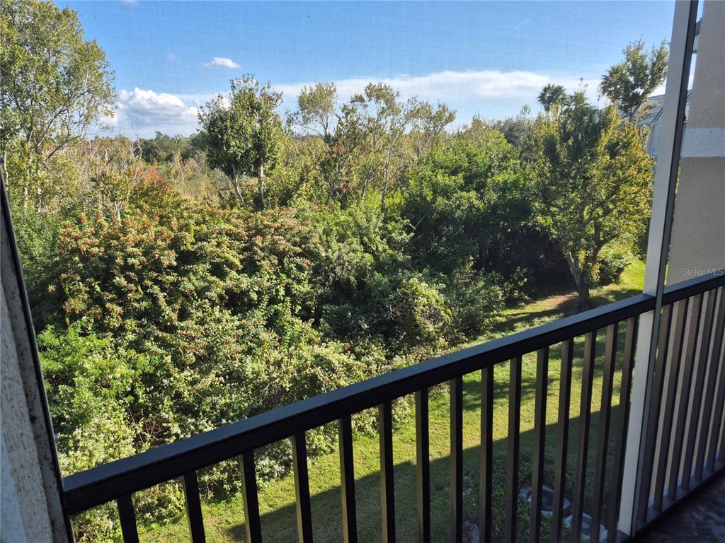 A view from a screened balcony overlooking a grassy yard and dense trees — 5146 NORTHRIDGE ROAD UNIT 309, SARASOTA, FL