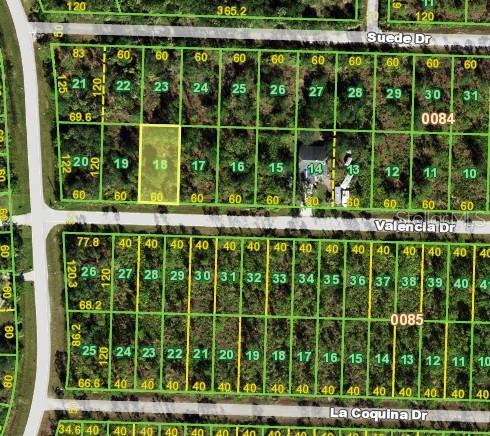 This is a map showing a residential lot highlighted in yellow among surrounding parcels — 27064 VALENCIA DRIVE, PUNTA GORDA, FL