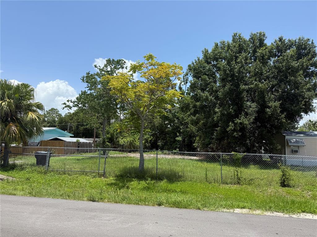 A fenced, grassy vacant lot features a central tree and mature trees in the background — 7018 S 51ST AVENUE, TAMPA, FL